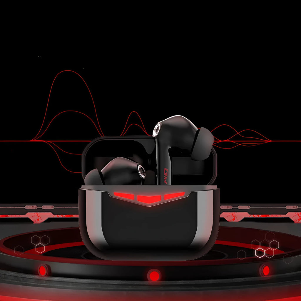 True wireless gaming headset in charging case with multiple coloured silicone ear tips.