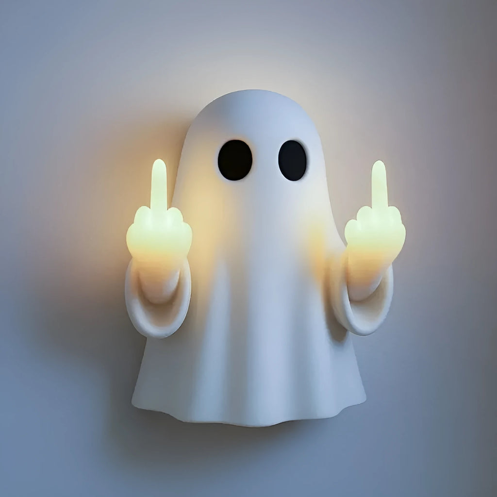 Plastic ghost statue night lamp in white with a modern simple style, 19.85cm tall, on a wooden shelf