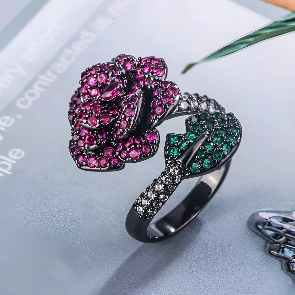 Gold-plated black gold geometric flower ring with simulation red corundum stones