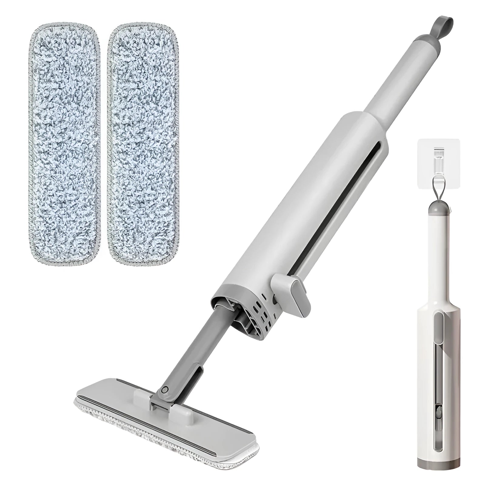 Rotatable self-squeeze mini flat mop with crevice brush and pink microfiber pad, shown extended to 19.3 inches.