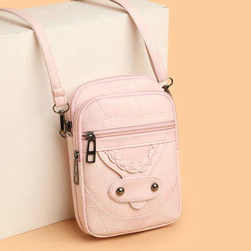 Brown retro style mobile phone bag with weaving patterns and decorative rivets on soft leather PU material