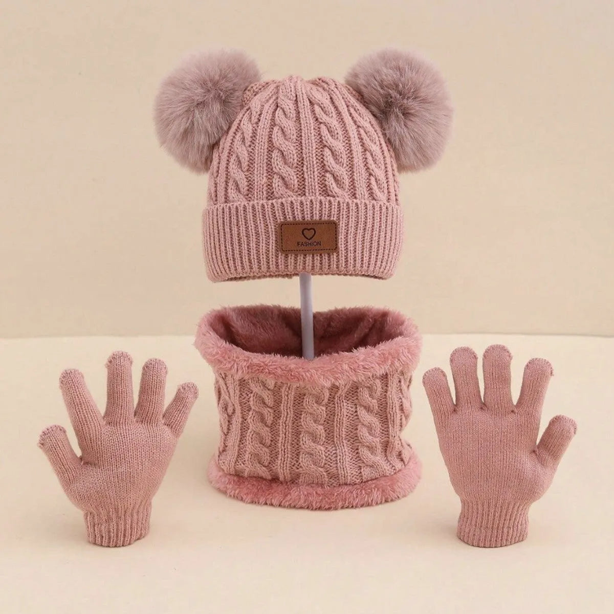 Children's hat scarf gloves three-piece set in acrylic, dome hat, scarf and gloves in pink, gray, lotus root, black, white, camel