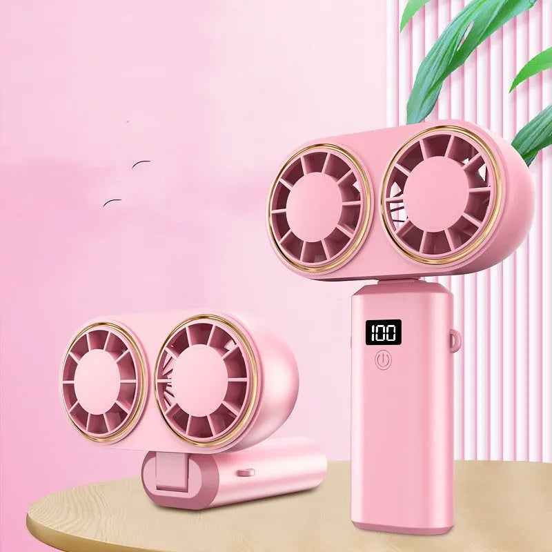 Folding USB rechargeable handheld mini fan with digital display showing battery level and wind speed setting