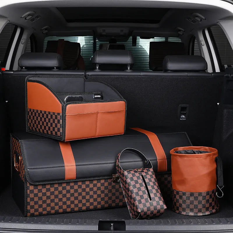 Retractable leather car bin in folded and expanded states showing handle and waterproof construction