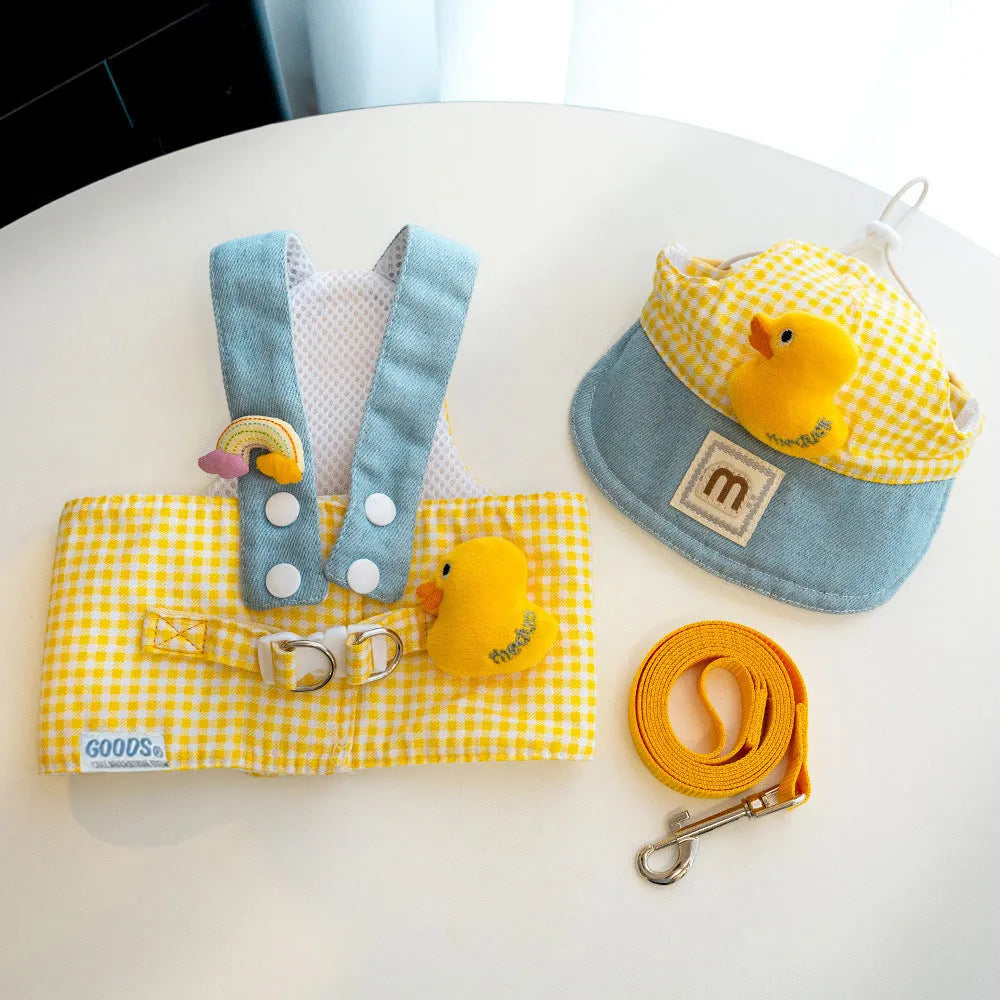 Pet harness and leash set with wire rope, cute hat, and three-piece cat clothes for small dogs and cats.