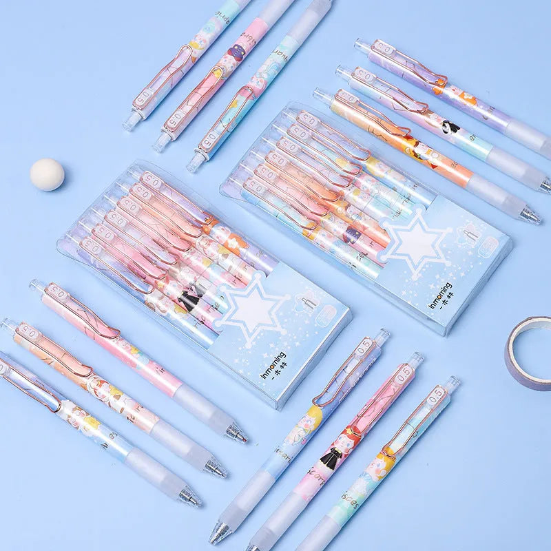 Six press gel pens with cartoon constellation designs, showing styles A and B.