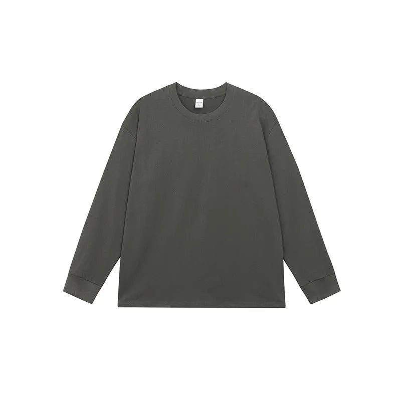 Men's loose fit solid colour cotton long-sleeved T-shirt on a hanger.