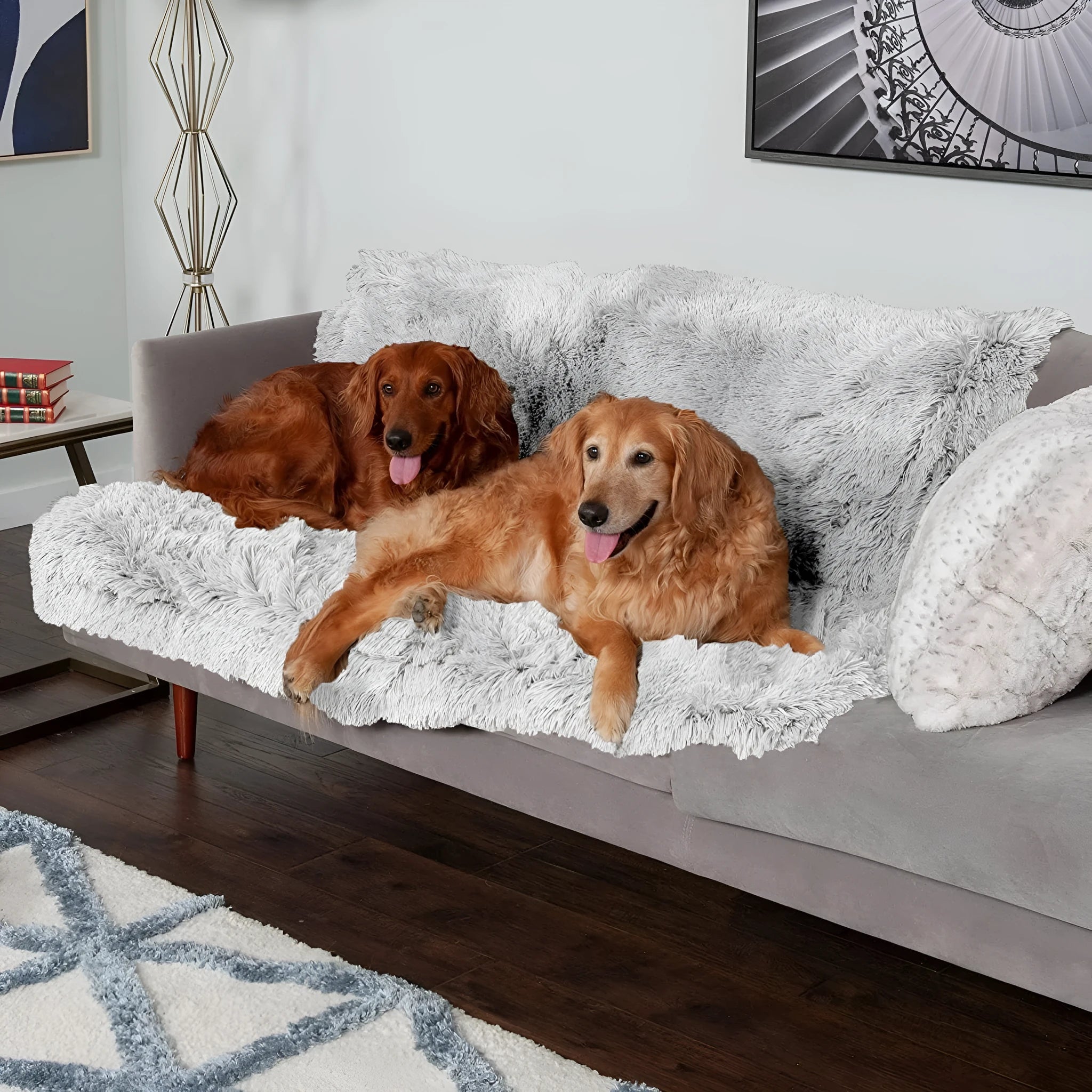 A plush dark grey waterproof dog cushion laid flat, showing its size and texture.