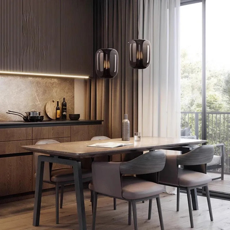 Minimalist Nordic chandelier with metal and glass construction in three colour options