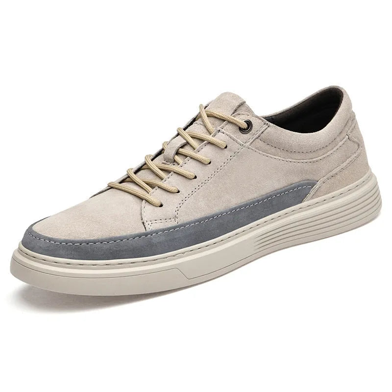 Men's grey casual leather skate shoes with round toe and lace-up front