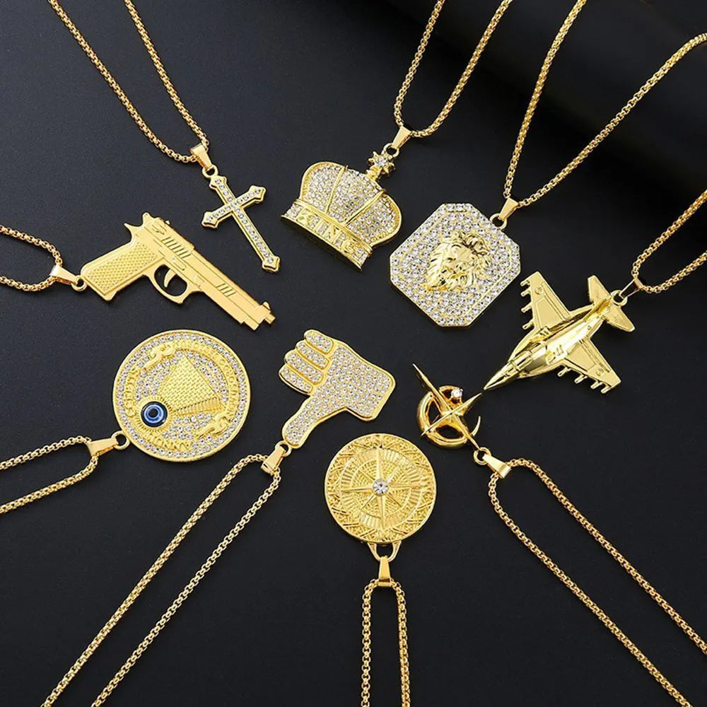 Geometric gold colour alloy pendant necklace with inlaid zircon detailing
