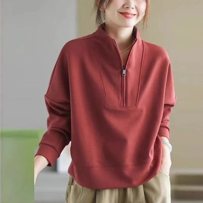 Plus size women's long sleeve short top in Dralon fabric, colour Brown, loose tunic cut, NORNS girl pattern