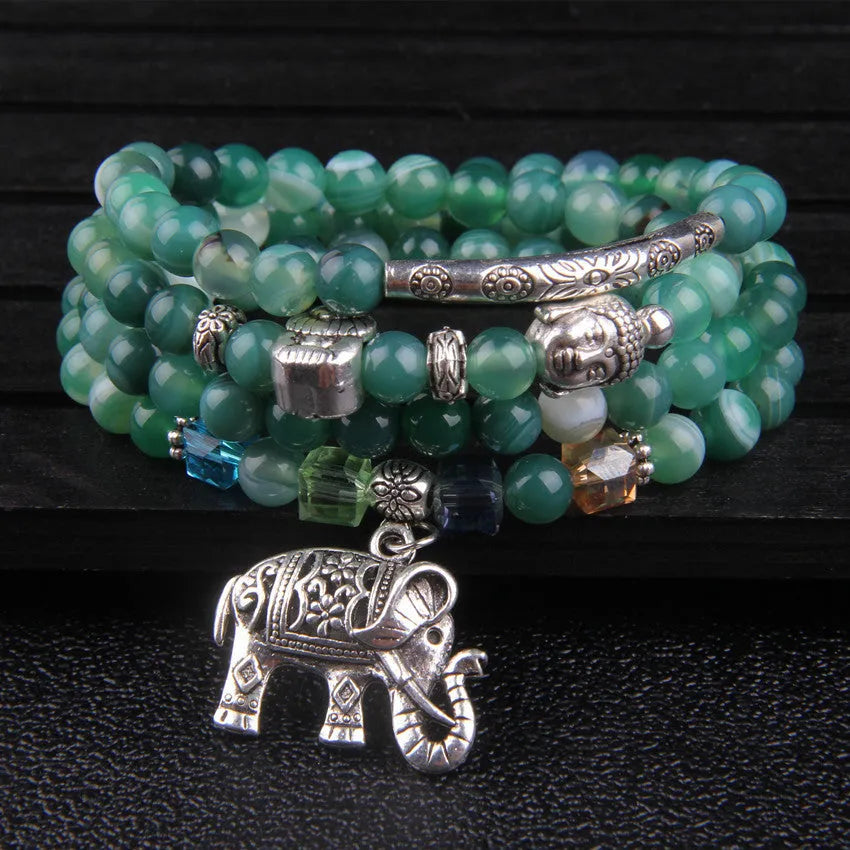 Multi-layer agate bracelet with Elephant pattern on 6mm beads in blue, green, red, or purple