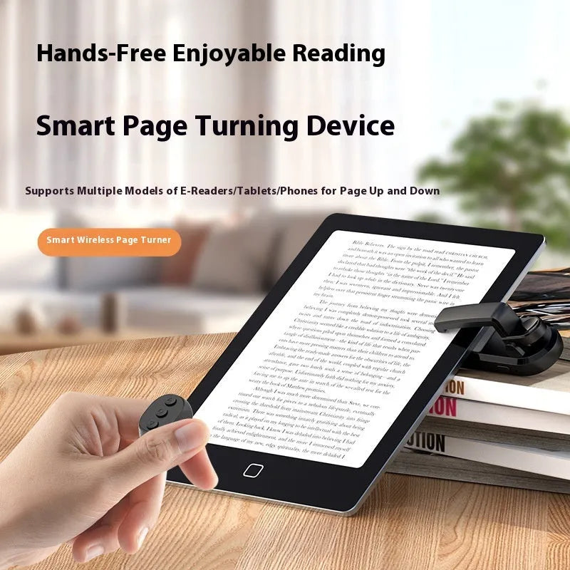 Smart wireless page turner remote with finger clicker for Kindle tablets and phones in black pink or white.