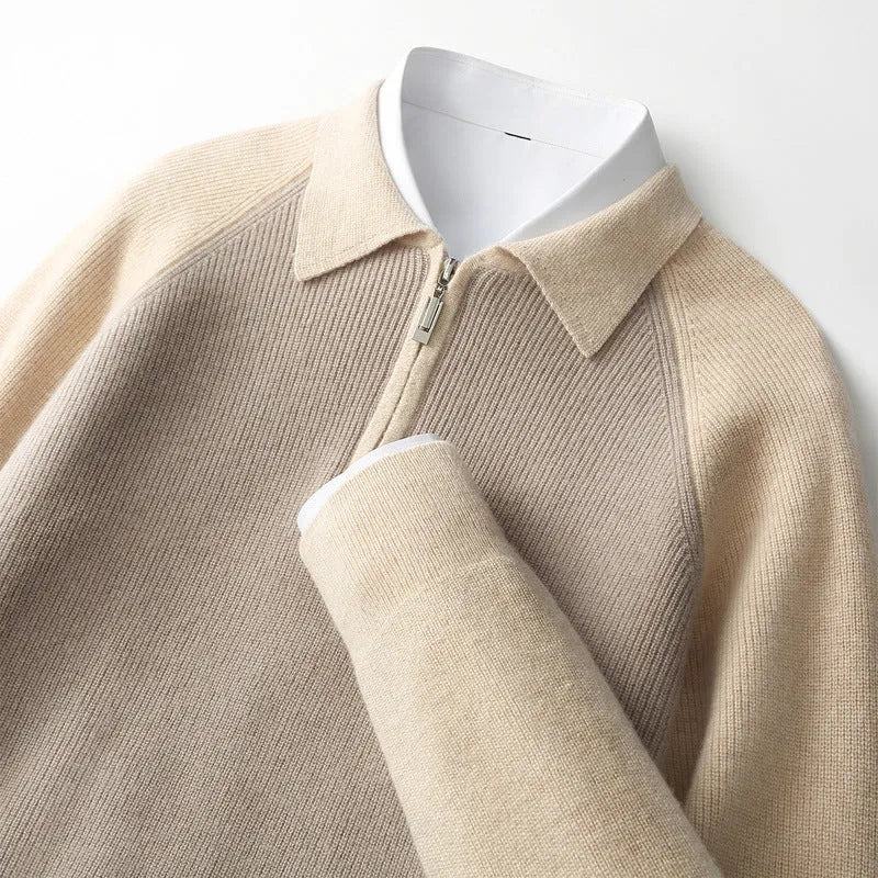 Men's wool half zipper contrast color lapel sweater in wheat camel colored slim fit winter pullover