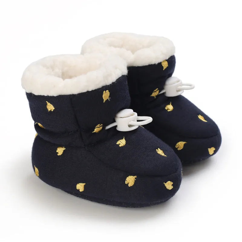 Thickened cotton baby shoes for autumn winter with non-slip sole and elastic band in black white, dark blue, gray, and pink