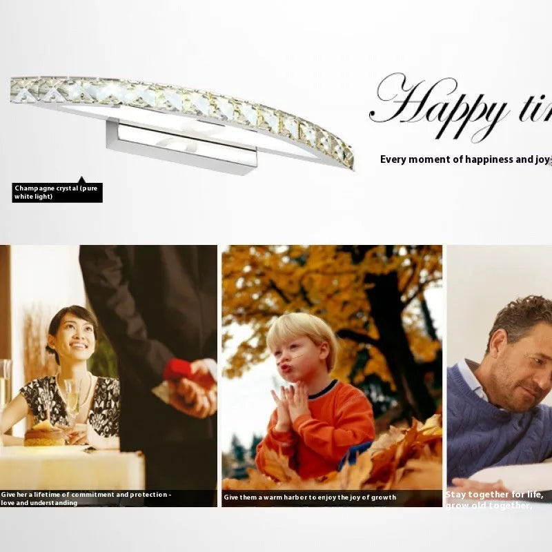 LED bathroom wall lamp with crystal mirror headlight, stainless steel hardware, available in 44cm 54cm or 70cm arc length