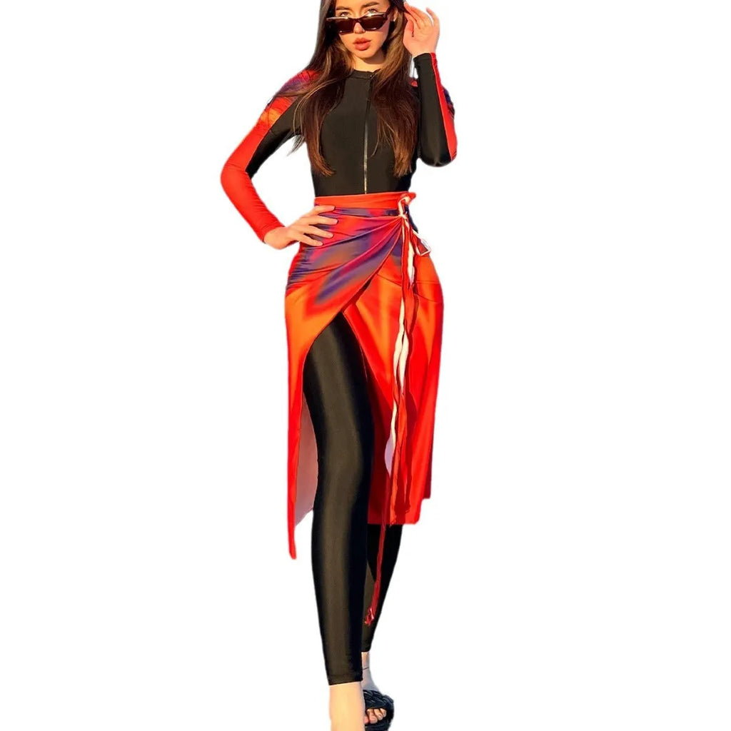 Women's conservative style polyester swimsuit three-piece set in colour 427Style