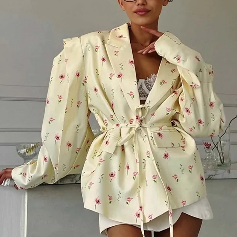 Women's collar lace-up waist-tight suit jacket in polyester available in four colours including floral print