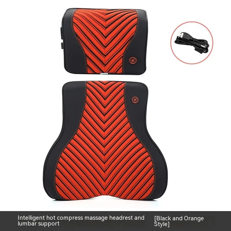 Black and orange electric heating massage car headrest and lumbar support cushion on a car seat.