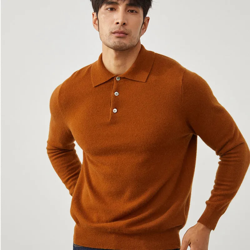 Men's cashmere polo collar pullover sweater in loose fit, shown in sapphire blue colour
