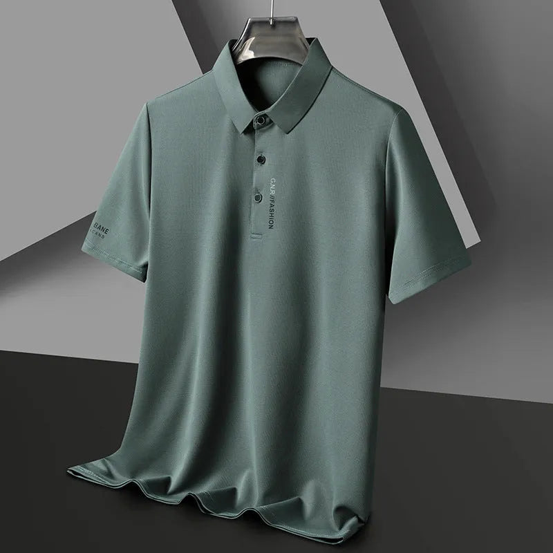 Men's waffle short sleeve polo shirt in bean green, loose fit with side slits, on plain background