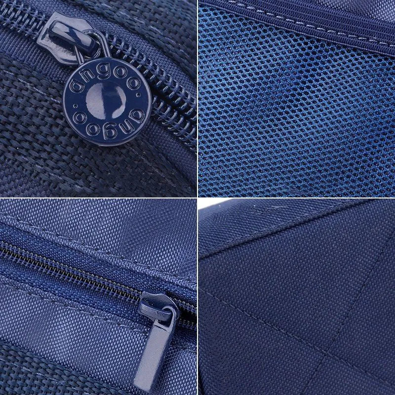 Large-capacity oxford cloth pencil case with a double zipper, shown in yellow, black, and dark blue colour options.