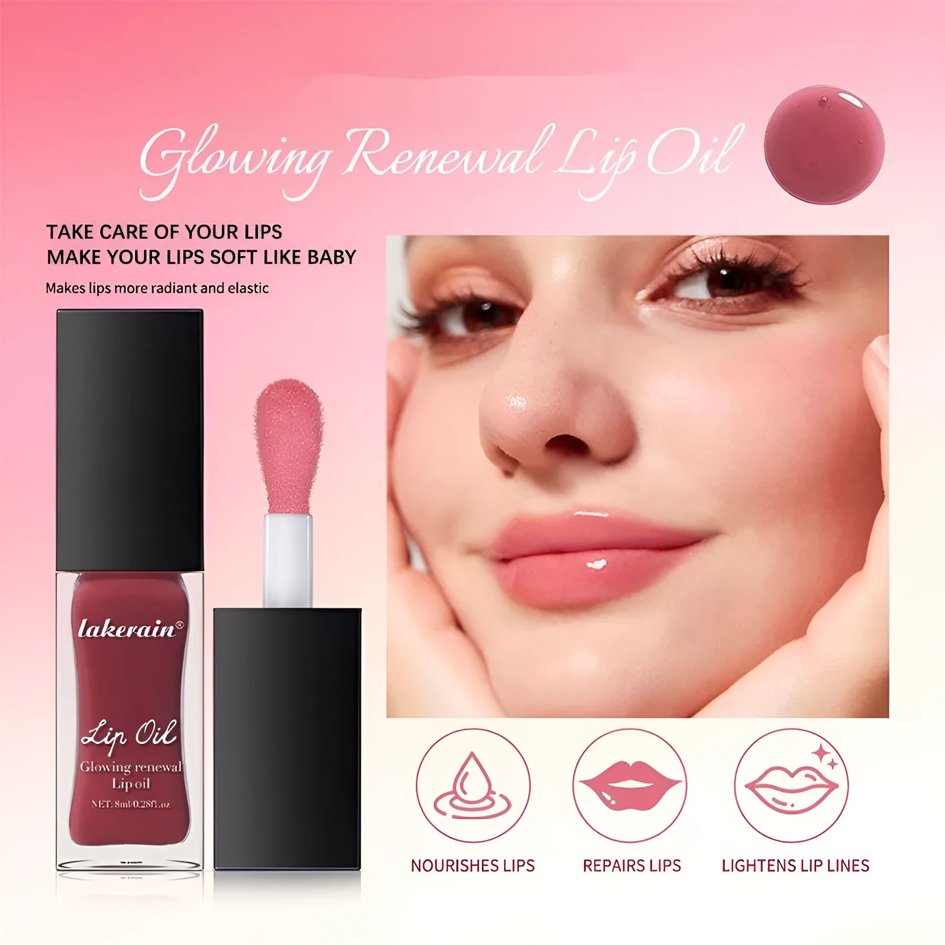 Lip gloss tube in one of seven colours: coral, clear, honey, jam, pink, red, or rose.