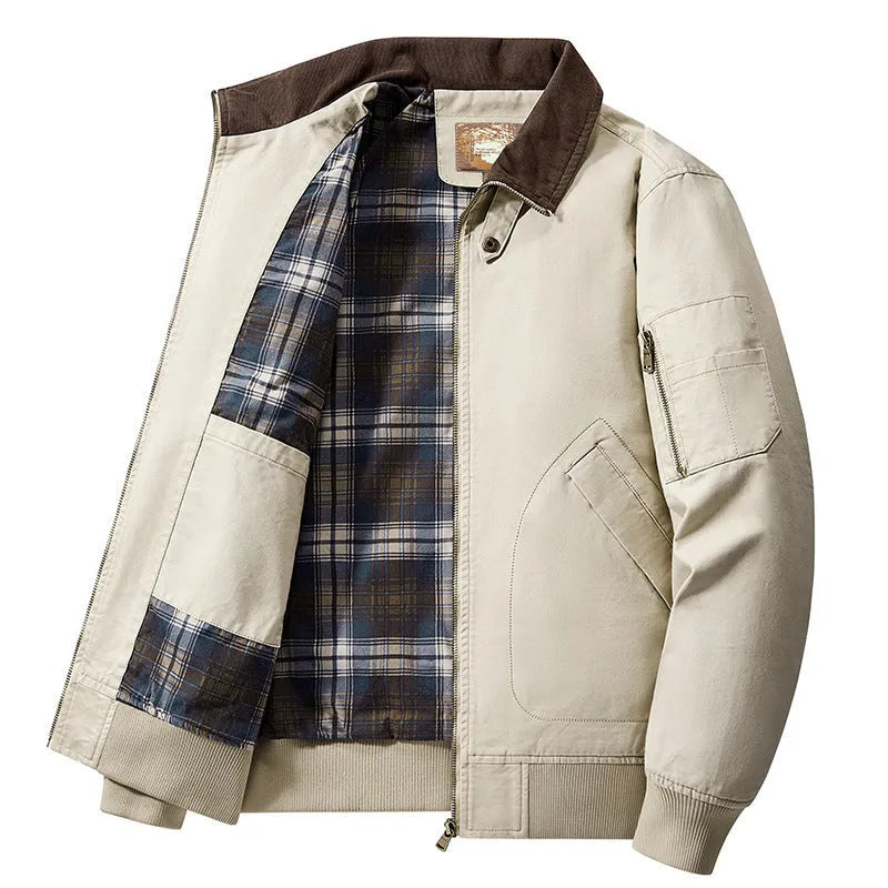 Men's plus size washed cotton baseball flight jacket in army green on a hanger.