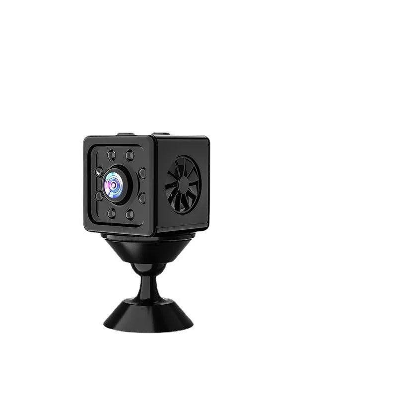 Small black cube-shaped K13 network sports camera with mounting bracket on a white background.