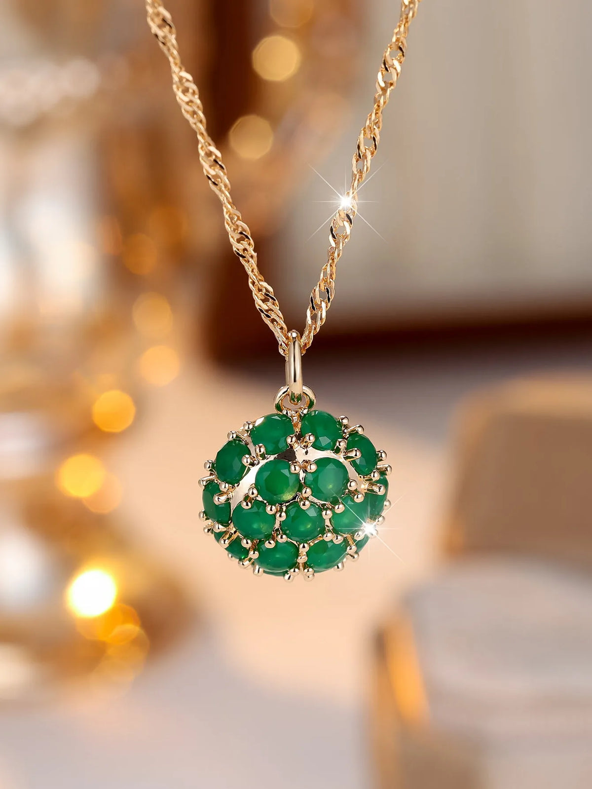 Round emerald full diamond pendant necklace on copper chain champagne gold colour geometric shape adjustable 51-60cm