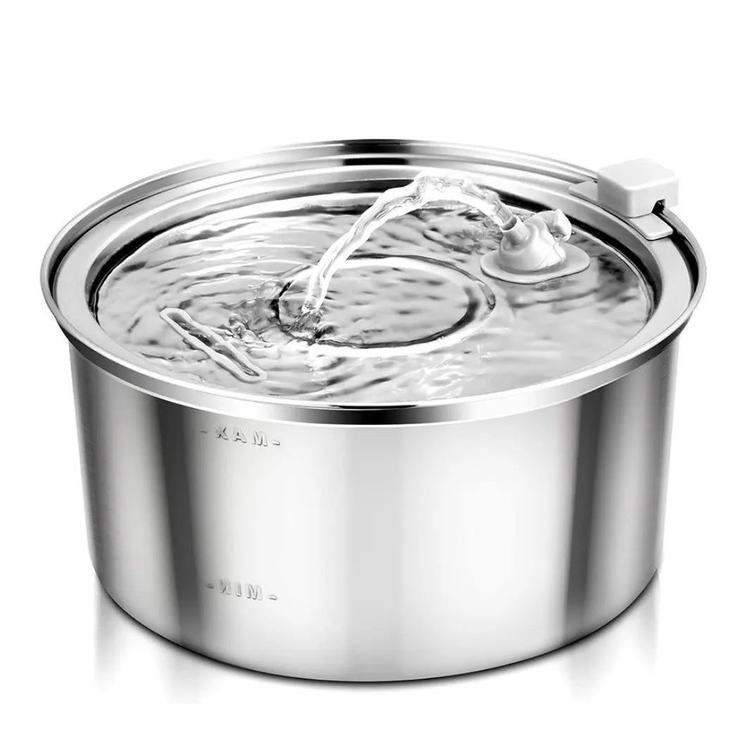 Stainless steel pet water dispenser with large 4-litre tank and selectable water outlet design