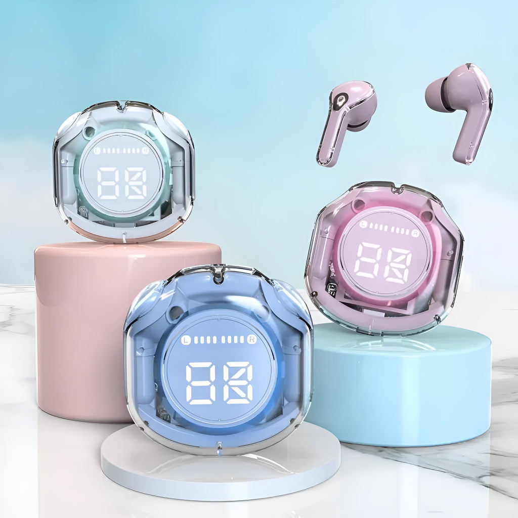 Transparent in-ear warehouse Bluetooth headset shown in various colours with 15-metre wireless range.