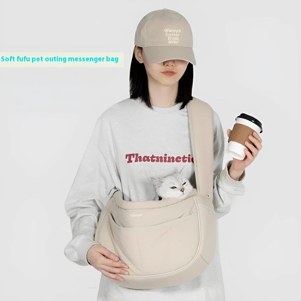 Portable outdoor nylon pet messenger bag for small pets under 6kg in Almond Custard colour with adjustable strap