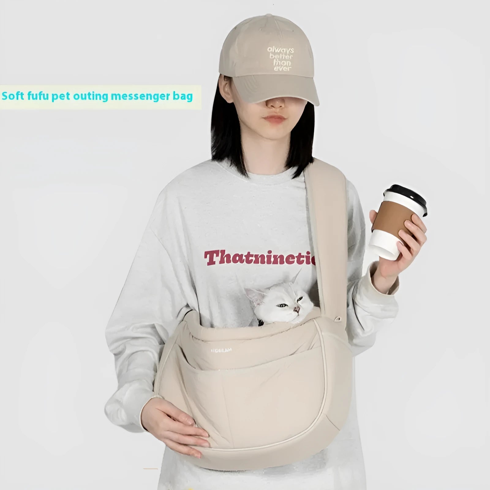 Portable outdoor nylon pet messenger bag for small pets under 6kg in Almond Custard colour with adjustable strap