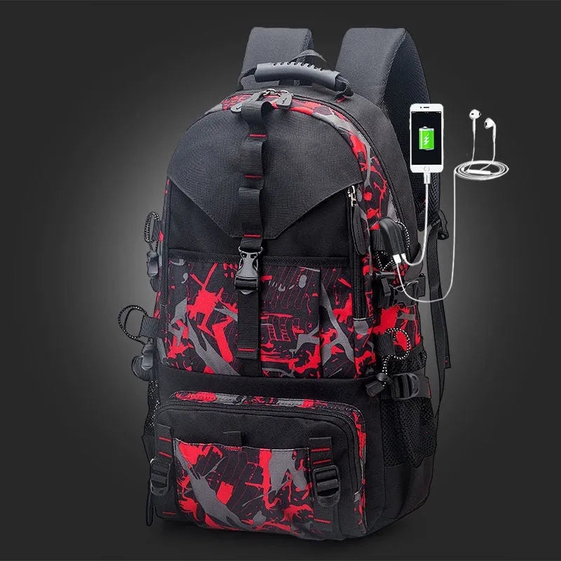 Men's large waterproof hiking backpack in Oxford cloth with air cushion back system, shown in a camouflage colour variant.