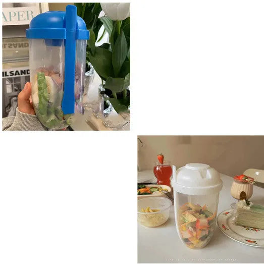 Ins style 1000ml salad cup with white fork and leak-proof cover, Klein Blue colour, on white background
