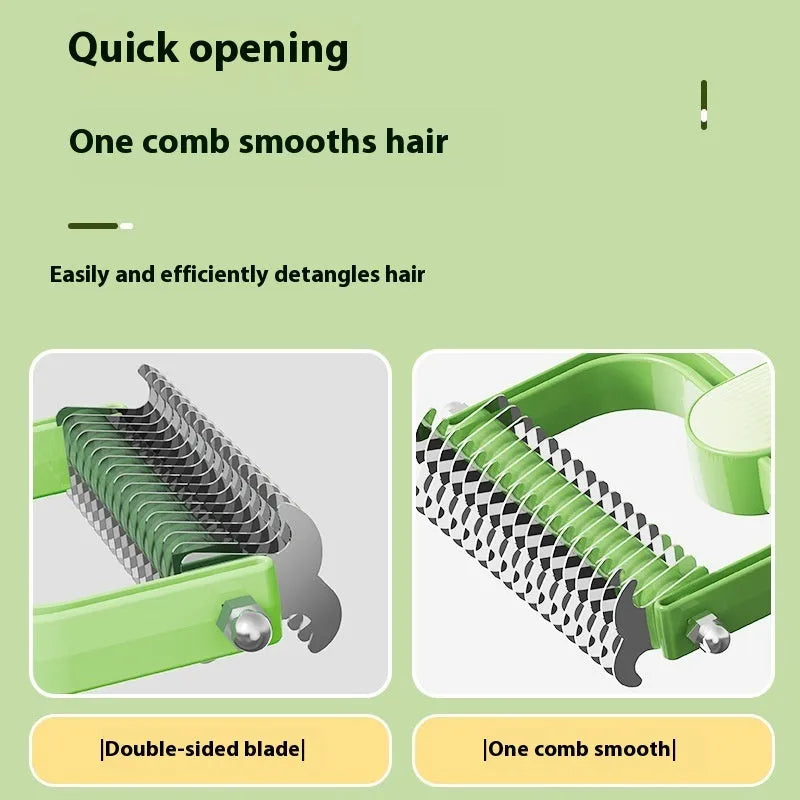 Green plastic and stainless steel dog detangling comb on a grey background.