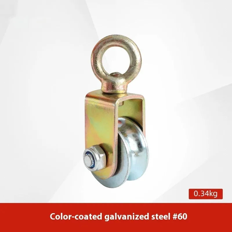Red industrial lifting pulley with a forged steel safety latch hook and wire rope wheel.