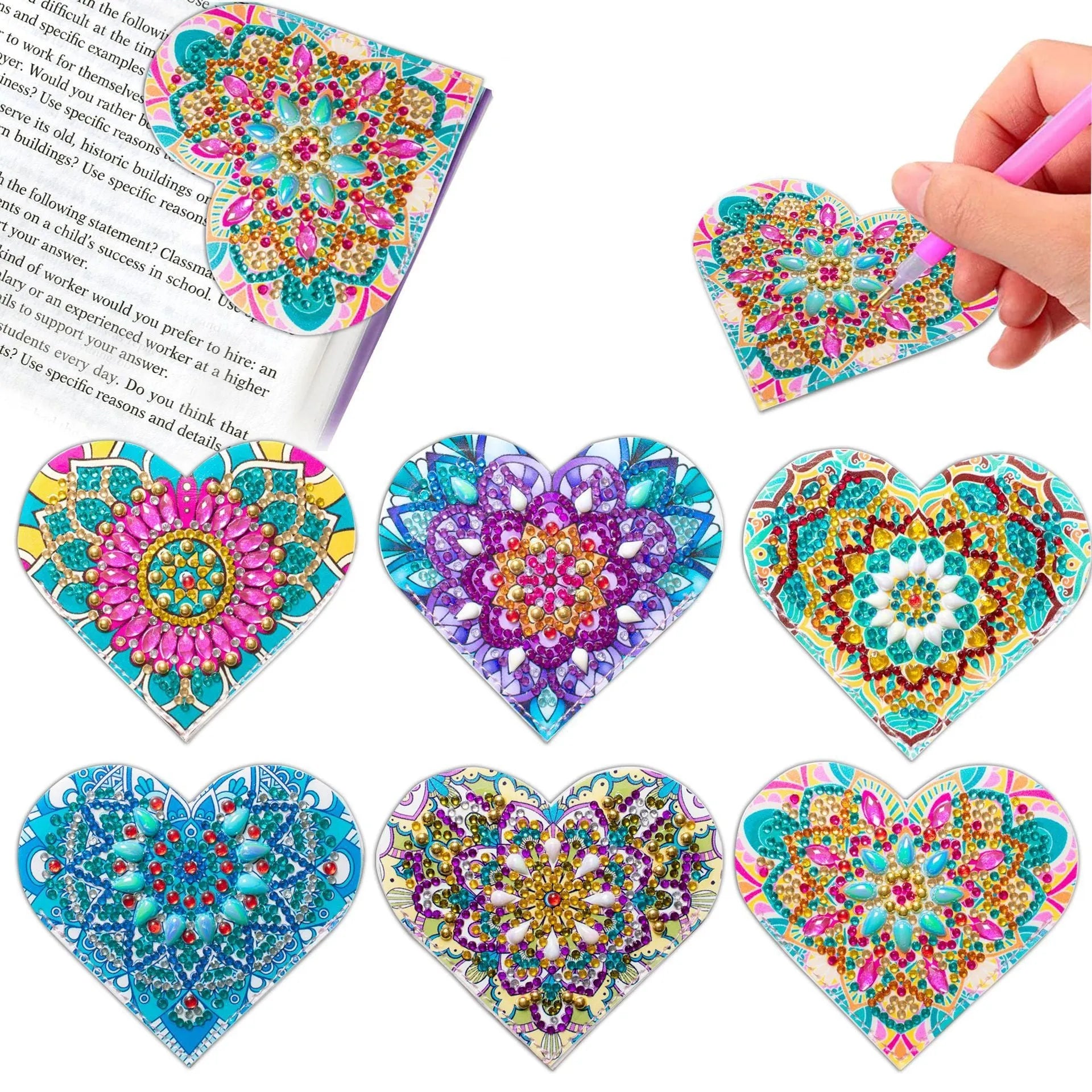 Set of six handmade PU leather bookmarks with crystal decorations and modern floral design.