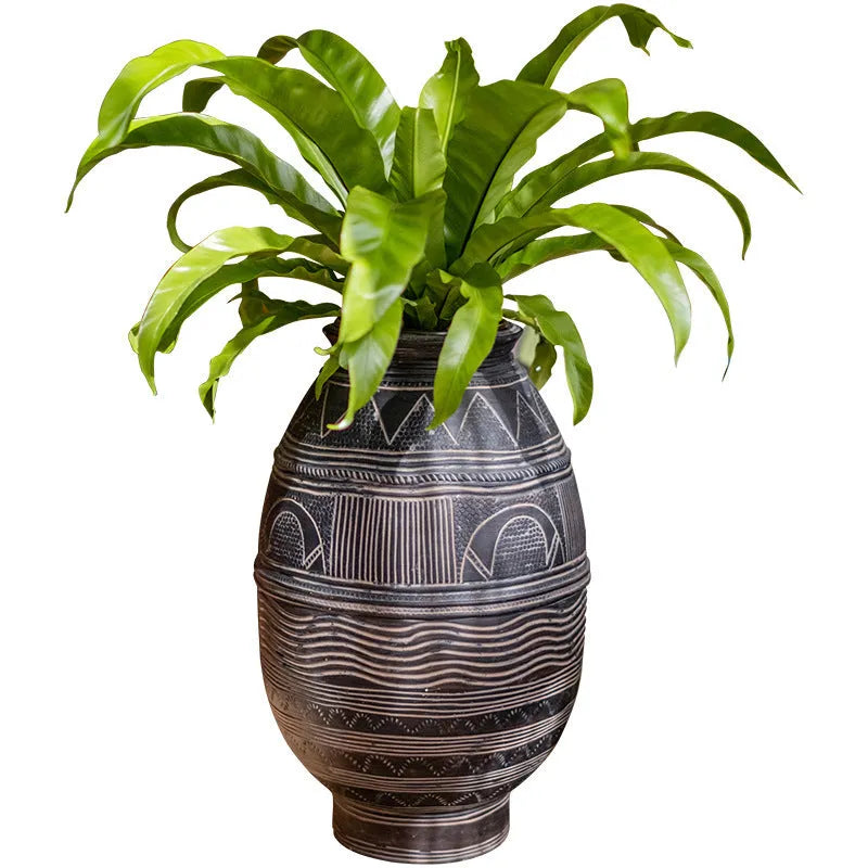 African ancient style cement flower pot with punched drainage holes, medium size ethnic planter