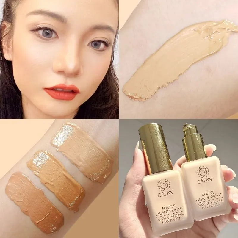 Liquid foundation bottle with discolouration resistance for mixed skin types in six shade options