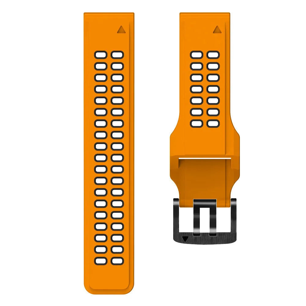 Two-colour quick-release silicone watch strap in black and lime green with pin buckle clasp.