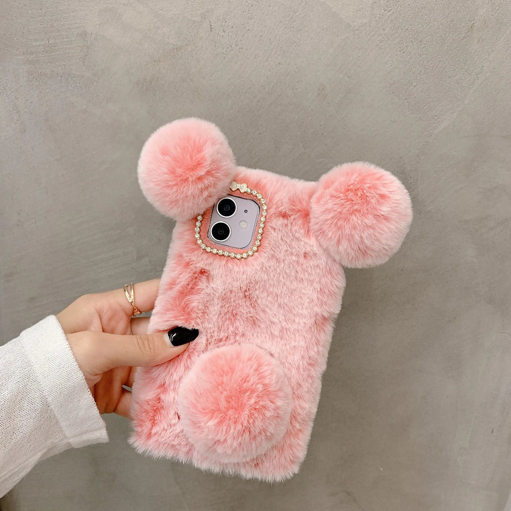 Cute plush panda hand warmer thermal shell case for iPhone 15