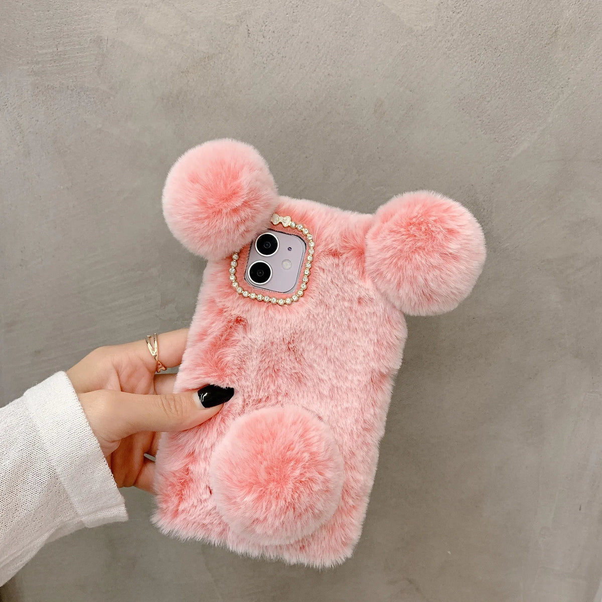 Cute plush panda hand warmer thermal shell case for iPhone 15