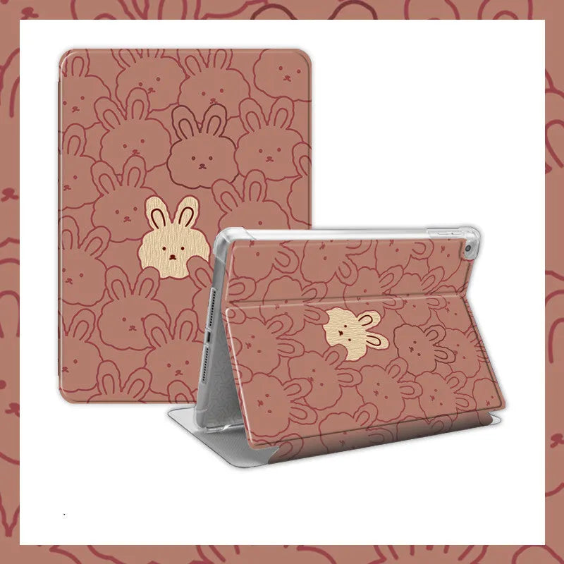 Cartoon cute rabbit silicone computer case for iPad in book full screen design with pen slot