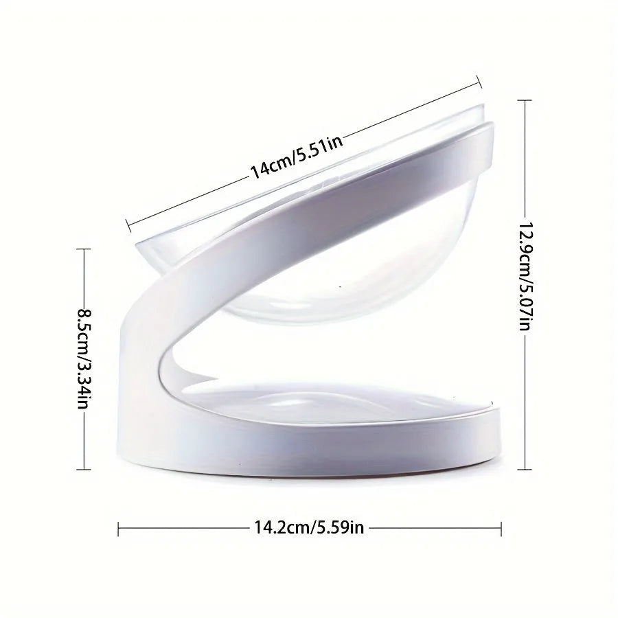 White elevated cat food bowl with clear plastic construction and anti-vomit tilt design