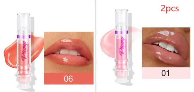 Tube of lip gloss showing shiny finish, available in six different colour shades.