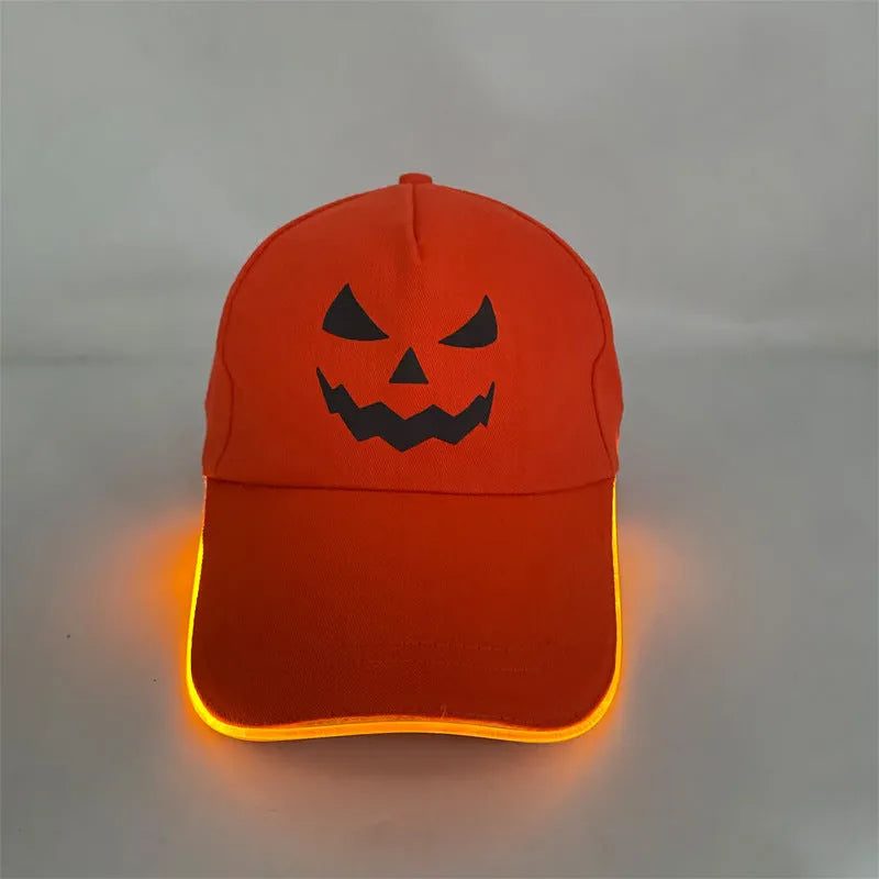 Halloween LED baseball cap showing integrated lighting effects in various pumpkin and solid colour designs