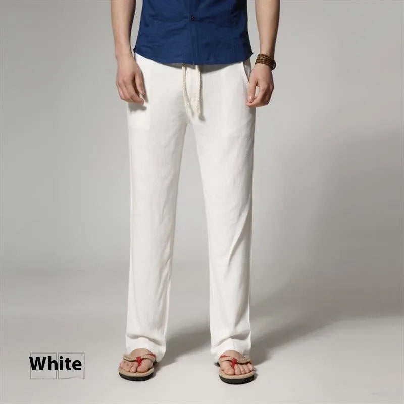 Men's straight leg casual trousers in a cotton linen blend, shown in a solid colour with a loose fit.